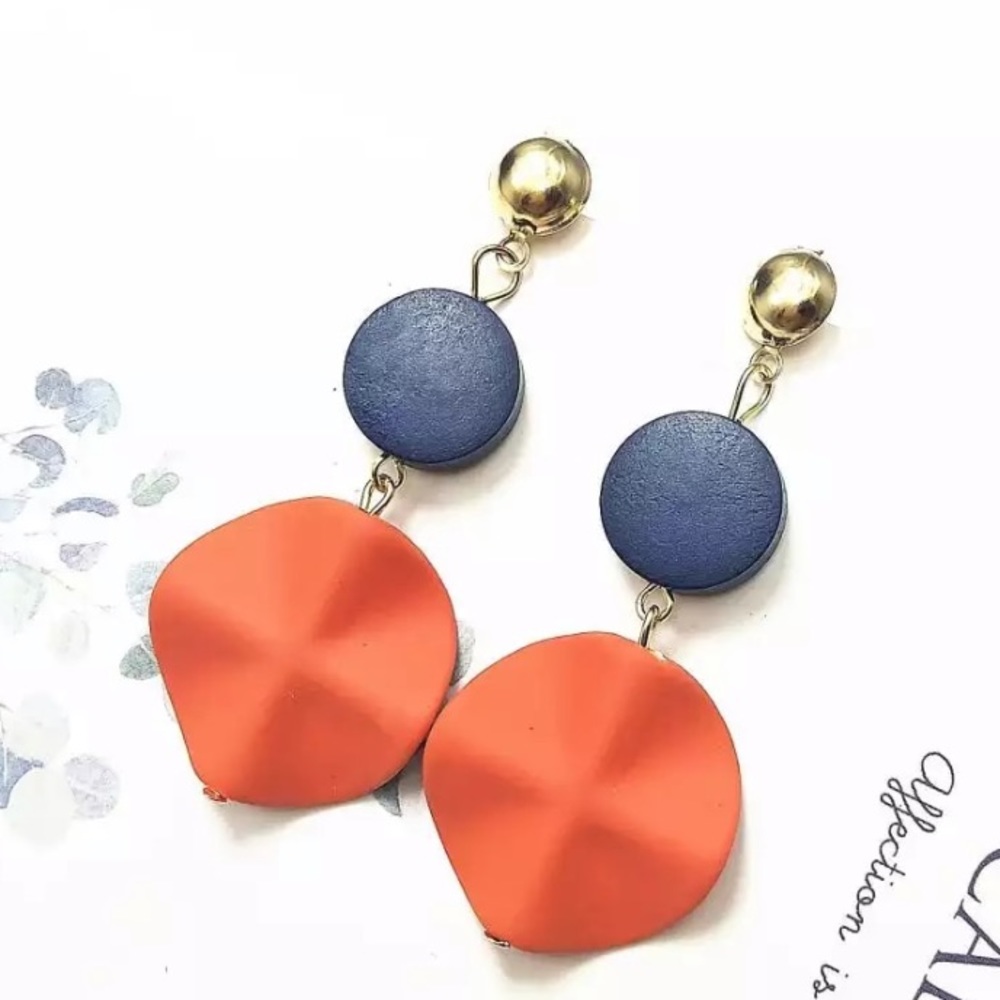 Wooden Navy and Dark Orange Boho Dangle Earrings